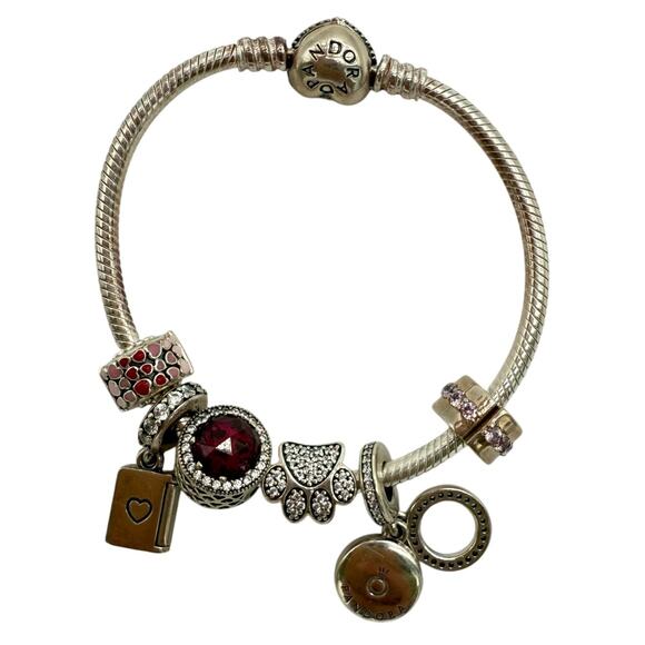 Pandora 6" Bracelet & 6 Dog Lover Charms Sterling Silver Pink Birthday Swarovski - Picture 2 of 3